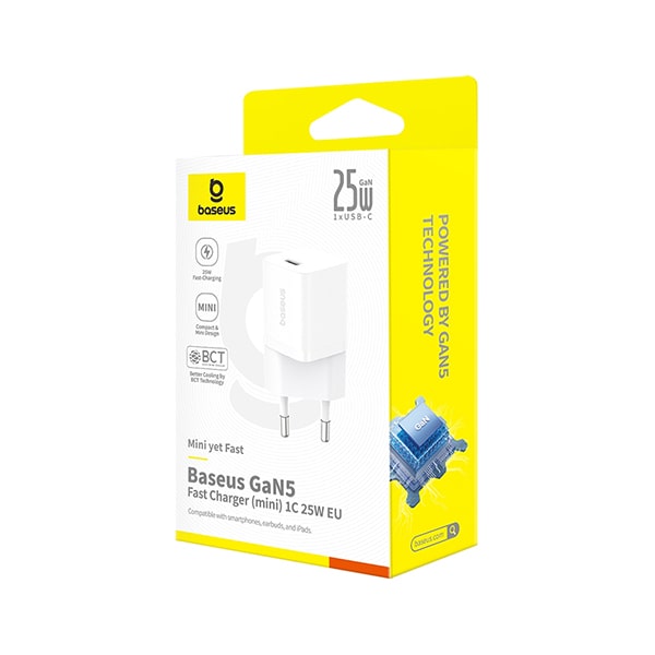 картинка СЗУ Baseus GaN5 Fast Charger (mini) 1C 25W EU Moon White от магазина КомпьютерЦентр