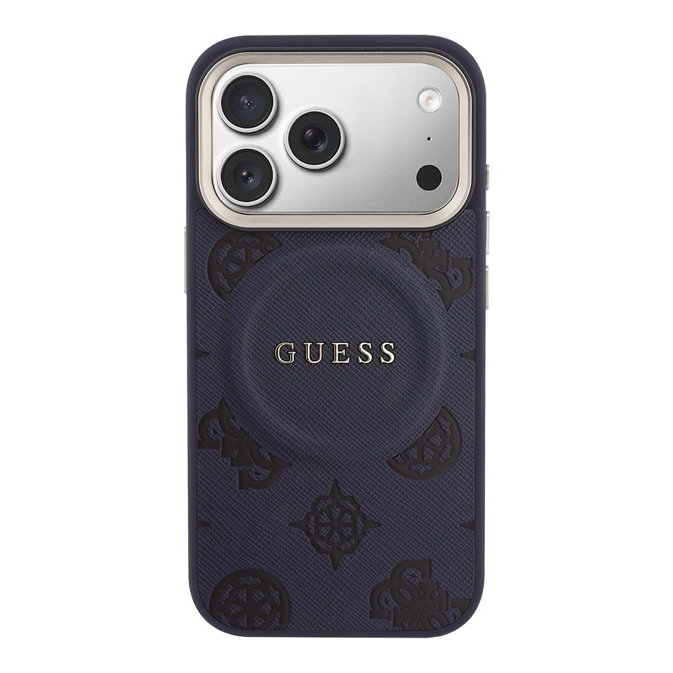 картинка Чехол Guess для iPhone 17 Pro PU Saffiano Peony Metal logo Gold camera Hard Blue (MagSafe) от магазина КомпьютерЦентр