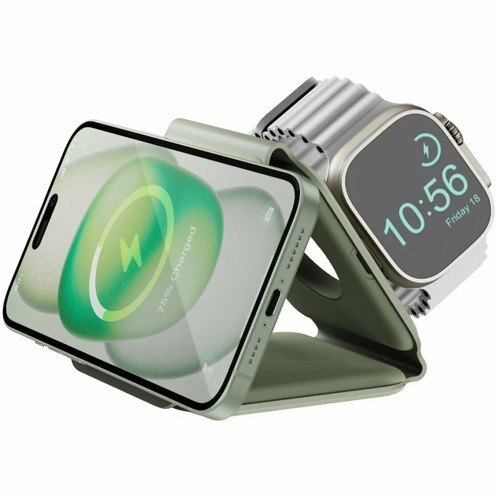 картинка Складывающаяся зарядка 3 в 1 bazic GoMag Trio Plus 15W, цвет зеленый (Green) от магазина КомпьютерЦентр