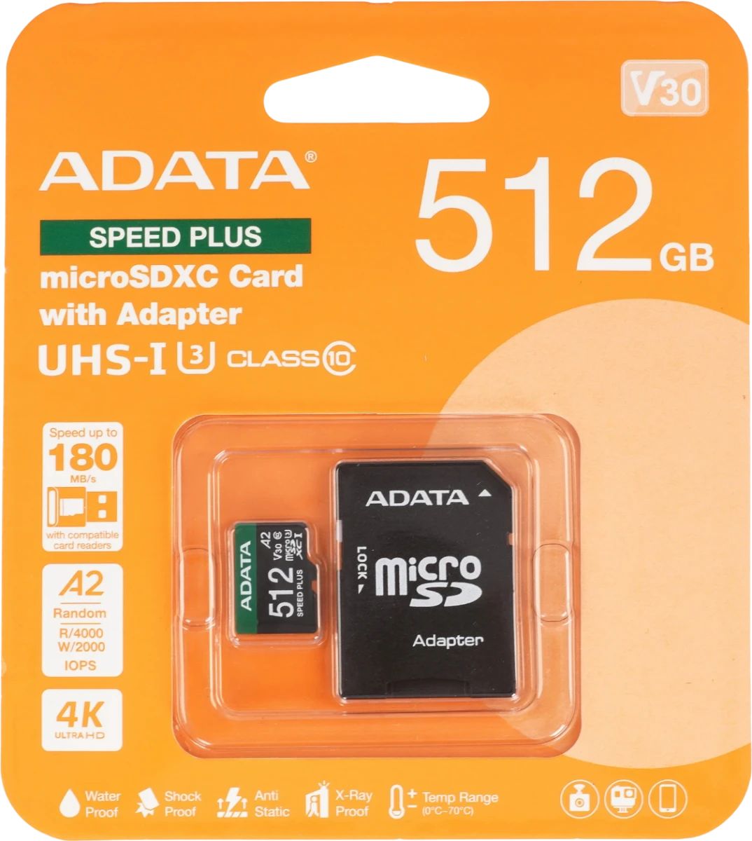 картинка Карта памяти 512Gb microSDXC A-Data, Class 10, UHS-I U3 V30 A2 180/ 160 MB/ s (SD адаптер) (UD512GUI3V30A2SP-RA1) от магазина КомпьютерЦентр