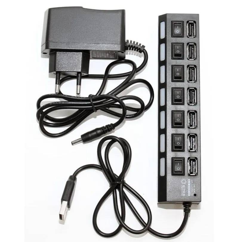 картинка HUB 7-port 5bites 7*USB2.0 БП 5В-2А 1M BLACK (HB27-203PBK) от магазина КомпьютерЦентр