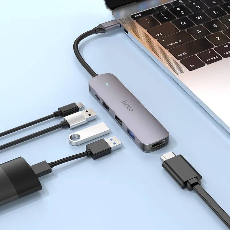 картинка USB HUB Hoco HB27 Type-C multi-function converter (HDTV+USB3.0+USB2.0*2+PD) metal gray от магазина КомпьютерЦентр