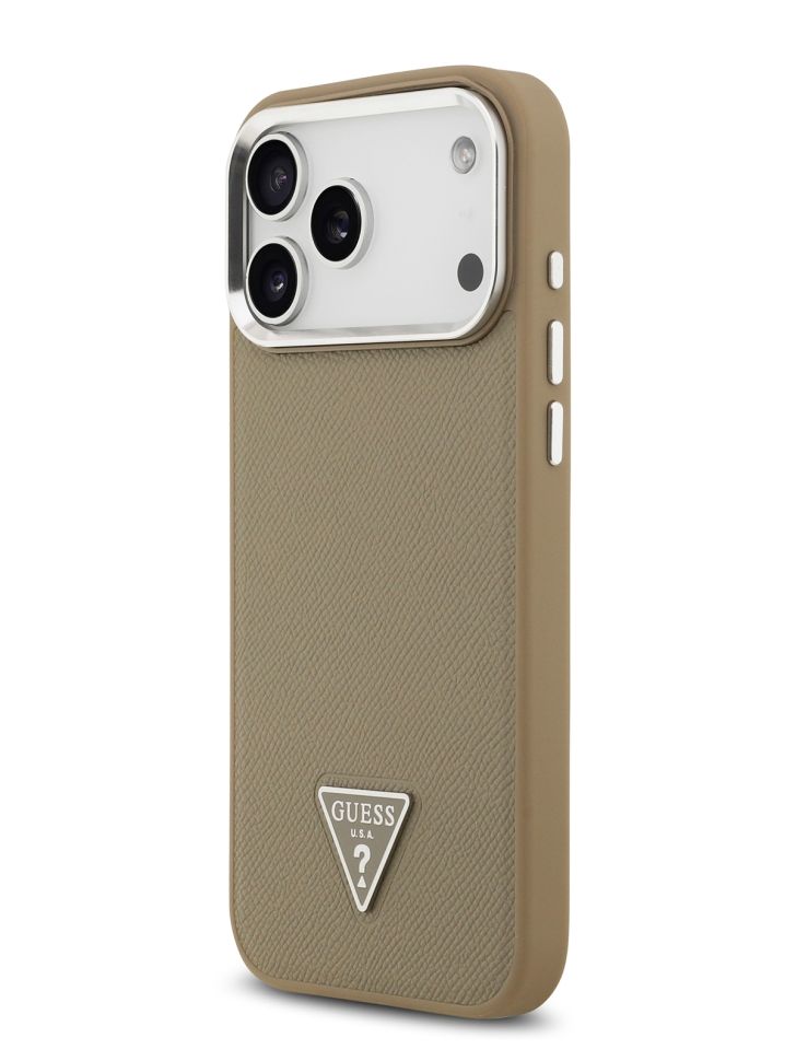 картинка Чехол Guess для iPhone 17 Pro Max PU Grained leather Triangle metal logo & Cam Hard Brown (MagSafe) (GUHMP17XPGTSPSW) от магазина КомпьютерЦентр