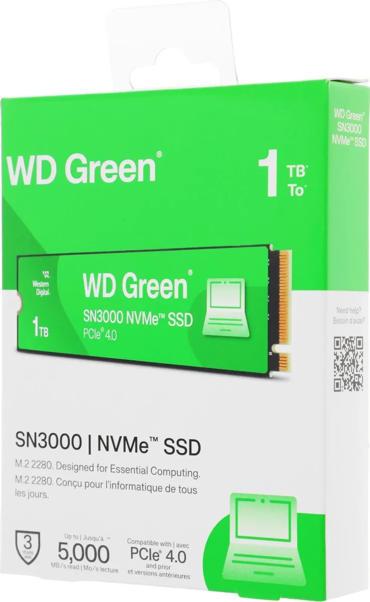 картинка SSD накопитель 1Tb WesternDigital Green SN3000 M.2 2280 PCI-E 4.0 x4 NVMe R/ W 5000/ 4200 (WDS100T4G0E) от магазина КомпьютерЦентр