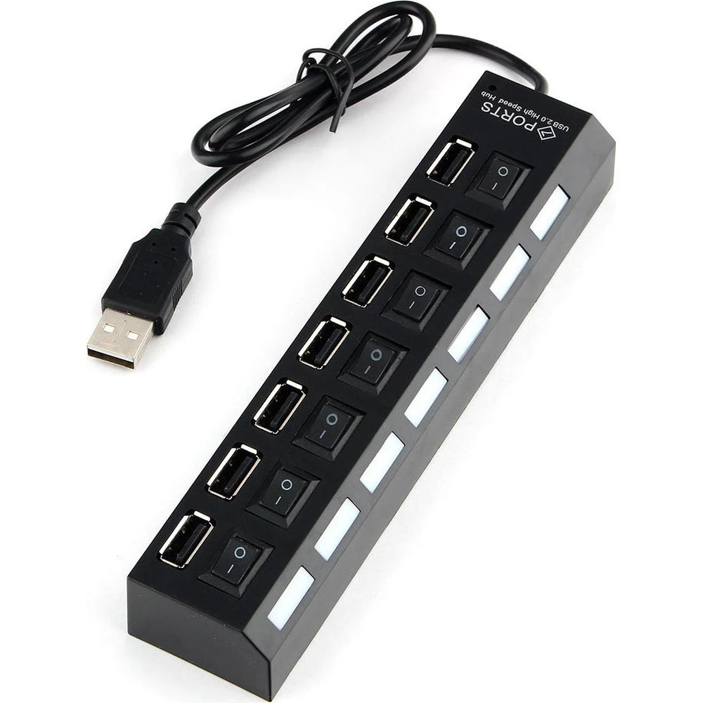 картинка HUB 7-port Gembird UHB-U2P7-01 7хUSB, с доп. питанием, подсветка и выключатели, кабель USB 55см, черный, коробка от магазина КомпьютерЦентр