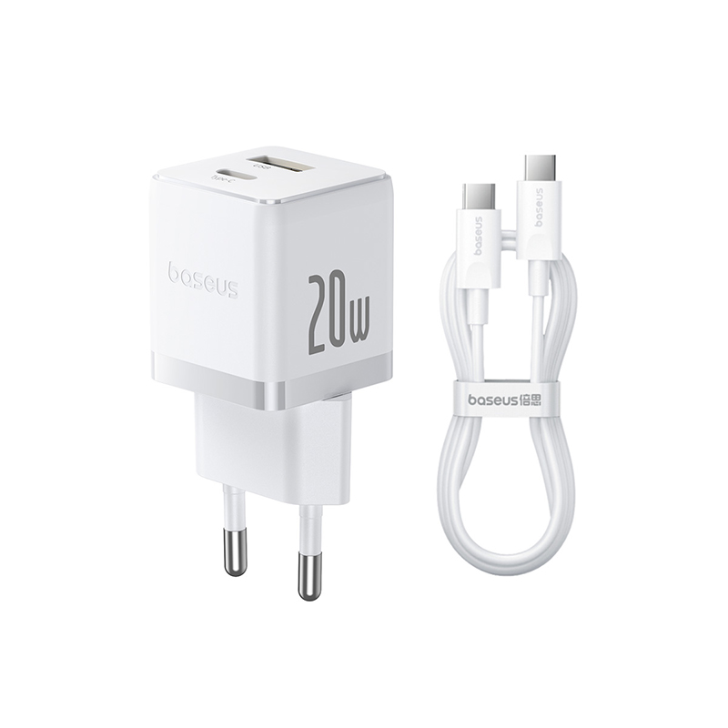 картинка СЗУ Baseus Palm Fast Charger C+U 20W EU Moon White (with Cable USB-C to USB-C 60W) от магазина КомпьютерЦентр