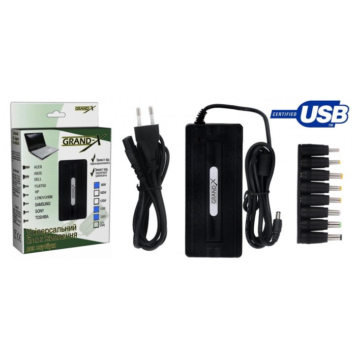 картинка Универсальный блок питания для ноутбука Grand-X SP-90U 90W 220/ 15-24V (SP-90U) от магазина КомпьютерЦентр