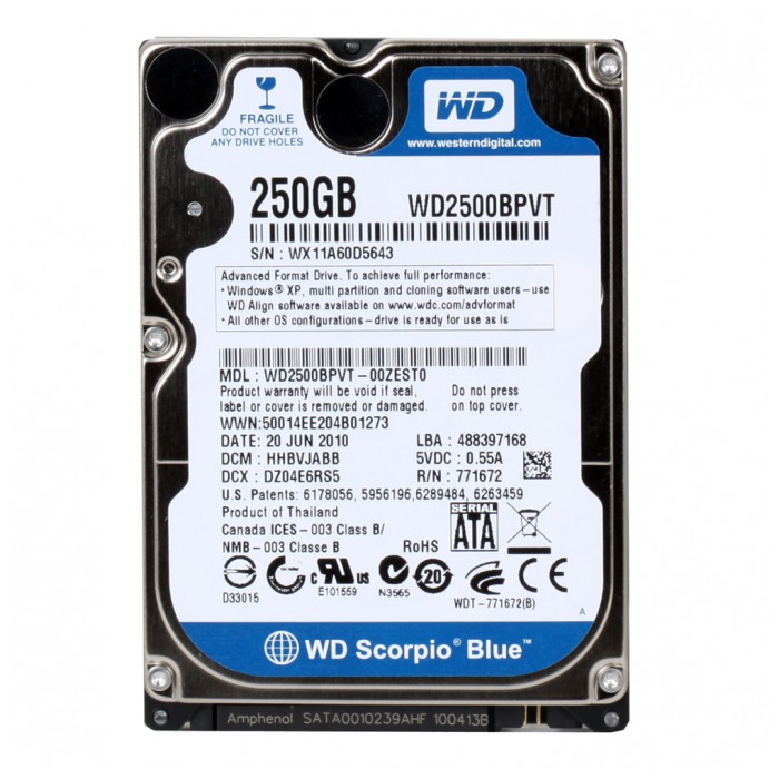 картинка Жесткий диск Western Digital 250Gb Scorpio Blue 2.5″ 8Mb 5400rpm (WD2500BPVT) от магазина КомпьютерЦентр