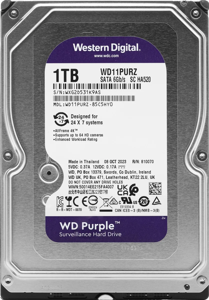 картинка HDD 1.0Tb WesternDigital 3.5'' SATAIII 5400rpm 64 Mb cache; Surveillance Purple WD11PURZ от магазина КомпьютерЦентр