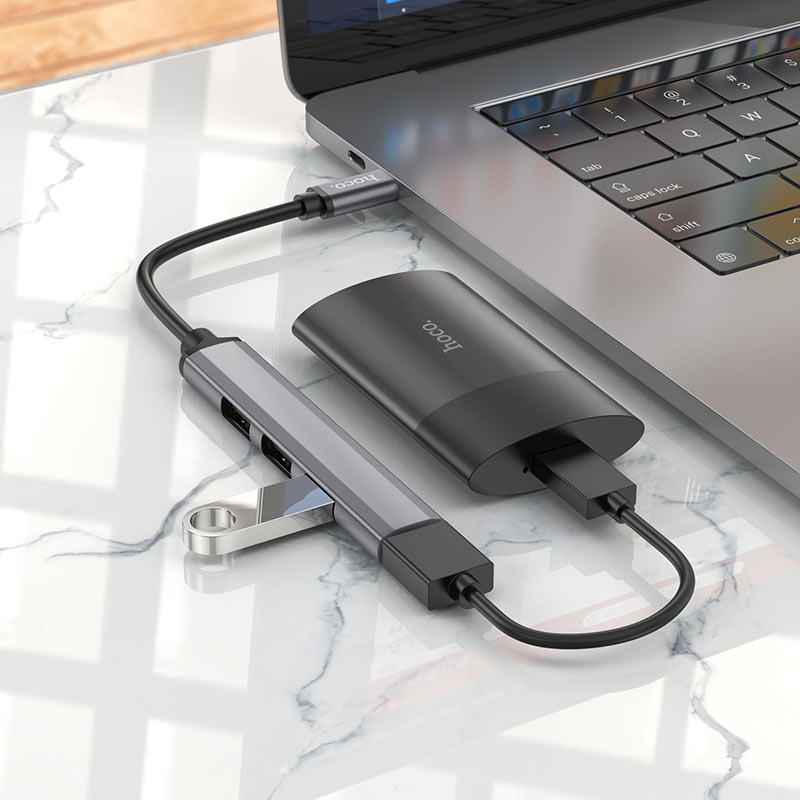 картинка HUB Hoco HB26 4in1 Mini Adapter Type-C to 4USB Metal Gray от магазина КомпьютерЦентр