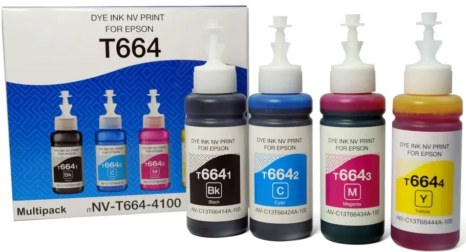 картинка Чернила NVPrint T664 (NV-T664-4100) для принтеров Epson L100, L110, L120, L130, L132, L210, L222, набор 4 цвета по 100 мл совместимые от магазина КомпьютерЦентр