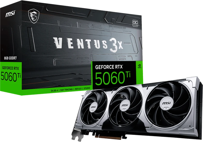 картинка Видеокарта 8 Gb GDDR7 GeForce RTX 5060TI MSI Ventus 3X OC 128 bit ; PCI-E 5.0; DPx3, HDMIx1 (RTX 5060 Ti 8G Ventus 3X OC) Ret от магазина КомпьютерЦентр