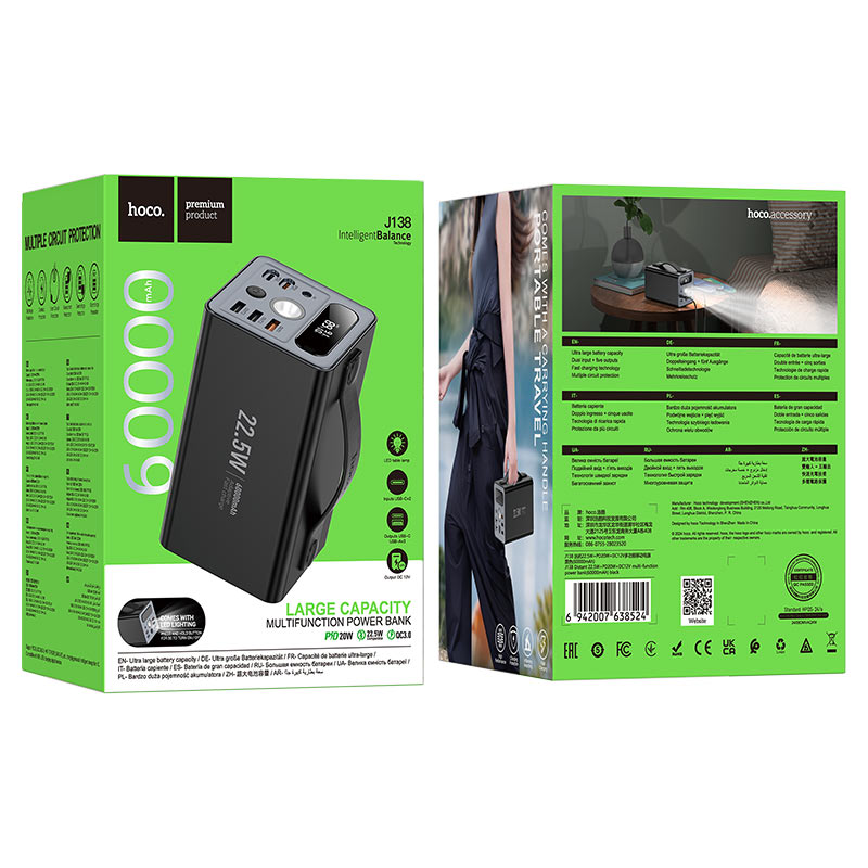 картинка Внешний аккумулятор HOCO J138 Distant 22.5W+PD20W+DC12V multi-function power bank (60000mAh) black от магазина КомпьютерЦентр