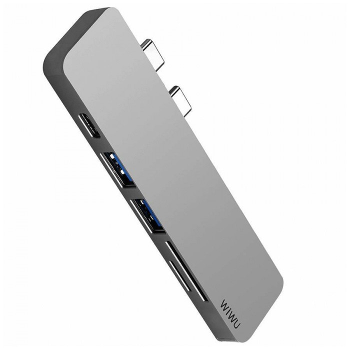 картинка Адаптер Wiwu USB-C Hub with 2x USB3.0, Micro SD Slot, SD Card Slot and Type-C Port Gray (T8) от магазина КомпьютерЦентр