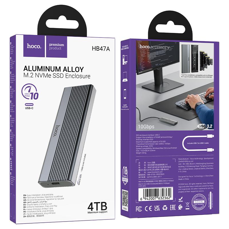 картинка Карман для SSD Hoco HB47A, M.2 SSD Enclosure (USB 3.2/ 10Gbps) Metal Gray от магазина КомпьютерЦентр