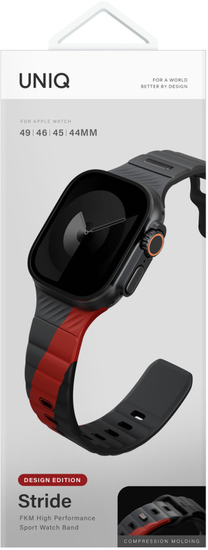 картинка Ремень каучуковый Uniq STRIDE DE RUBBER для Apple Watch 49/ 45/ 44/ 42, цвет серо-красный (CHARCOAL/ ROSSO RED) (49MM-STRDECHRRD) от магазина КомпьютерЦентр