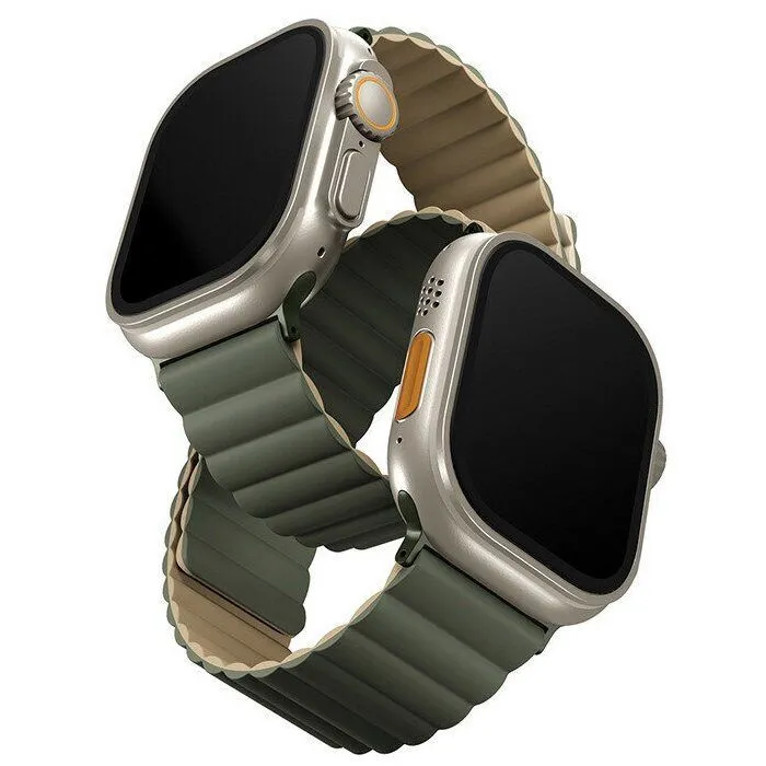 картинка Ремень силиконовый Uniq REVIX для Apple Watch 49/ 45/ 44/ 42 MOSS GREEN/ TAN (49MM-REVMGRNTAN) от магазина КомпьютерЦентр