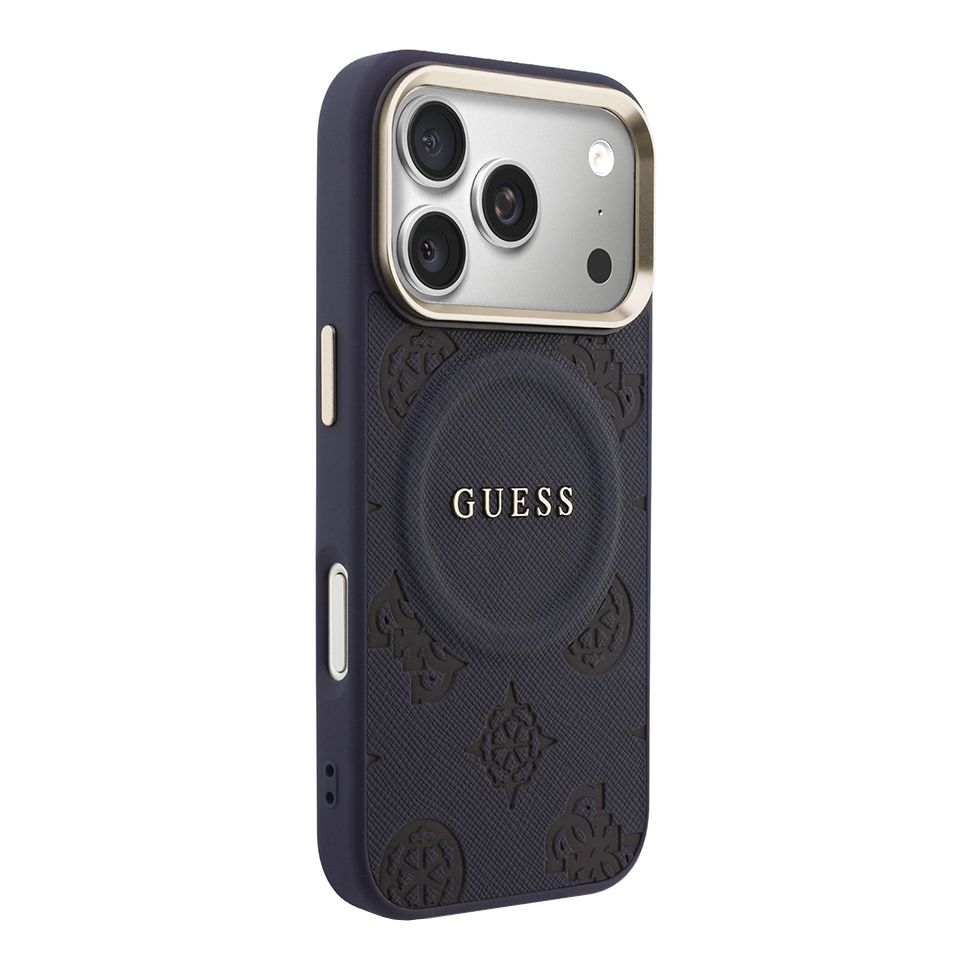 картинка Чехол Guess для iPhone 17 Pro PU Saffiano Peony Metal logo Gold camera Hard Blue (MagSafe) от магазина КомпьютерЦентр