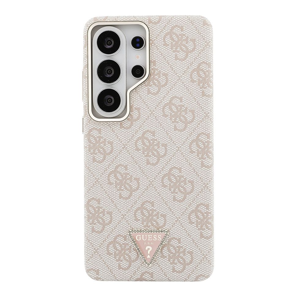 картинка Чехол Guess для Galaxy S26 Ultra PU 4G Triangle Diamond metal logo Gold camera Hard Pink (MagSafe) от магазина КомпьютерЦентр