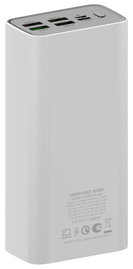 картинка Дополнительный внешний аккумулятор Hiper Fast 30000 30000mAh 5A QC PD 4xUSB White от магазина КомпьютерЦентр
