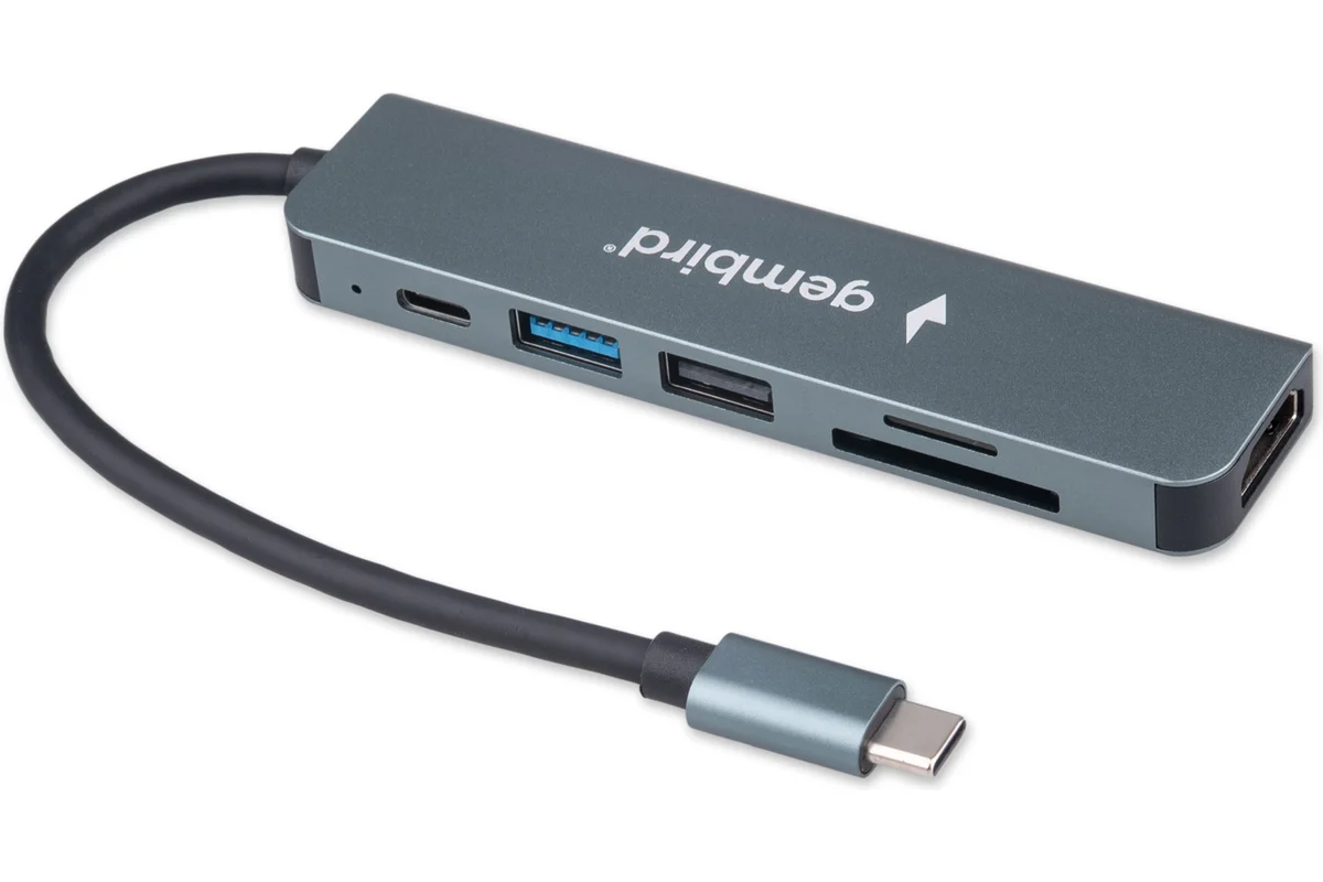 картинка HUB Gembird USB Type-C UHB-D9 6в1: USB3.1, PD100W, SD/ TF, USB2.0, HDMI, кабель 16см, алюминий от магазина КомпьютерЦентр