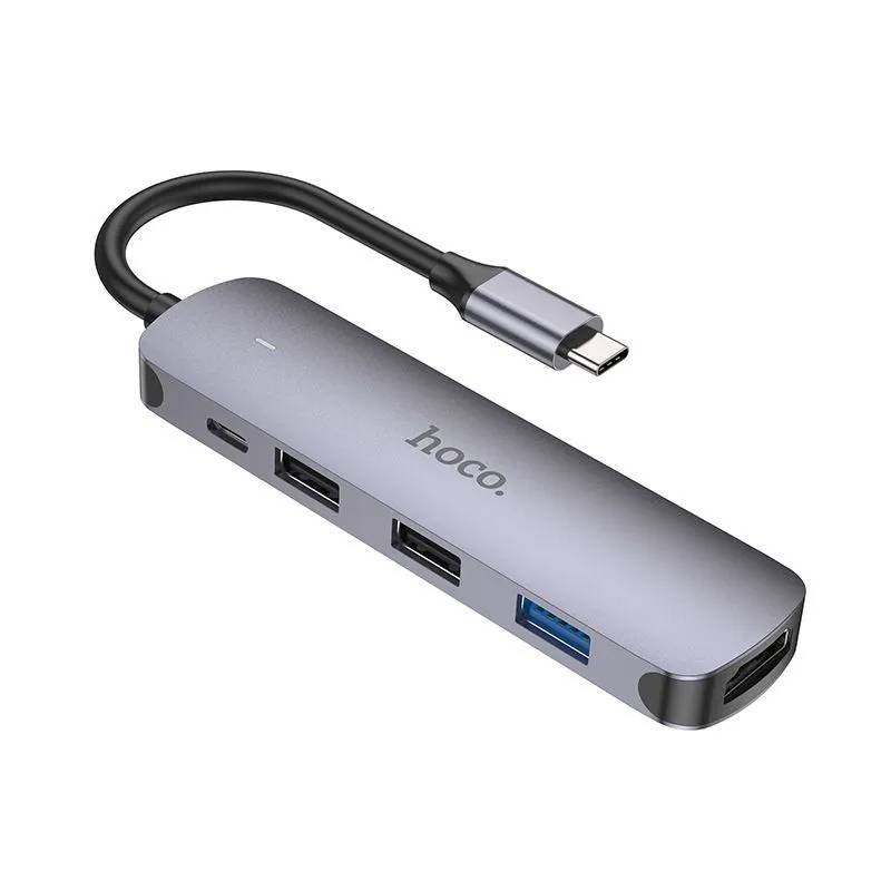 картинка USB HUB Hoco HB27 Type-C multi-function converter (HDTV+USB3.0+USB2.0*2+PD) metal gray от магазина КомпьютерЦентр