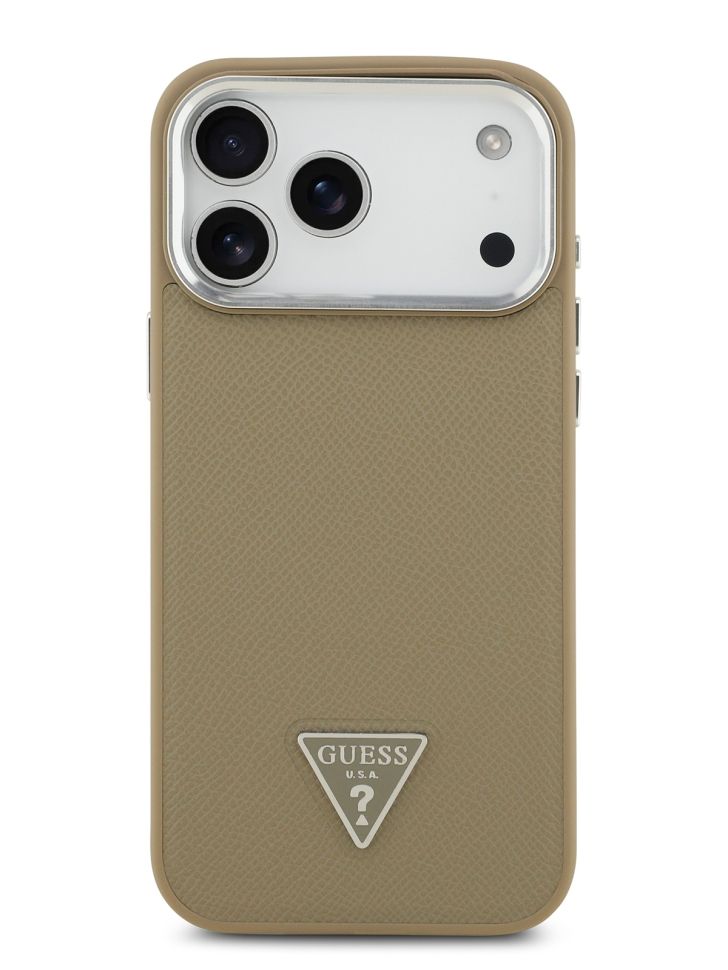 картинка Чехол Guess для iPhone 17 Pro Max PU Grained leather Triangle metal logo & Cam Hard Brown (MagSafe) (GUHMP17XPGTSPSW) от магазина КомпьютерЦентр