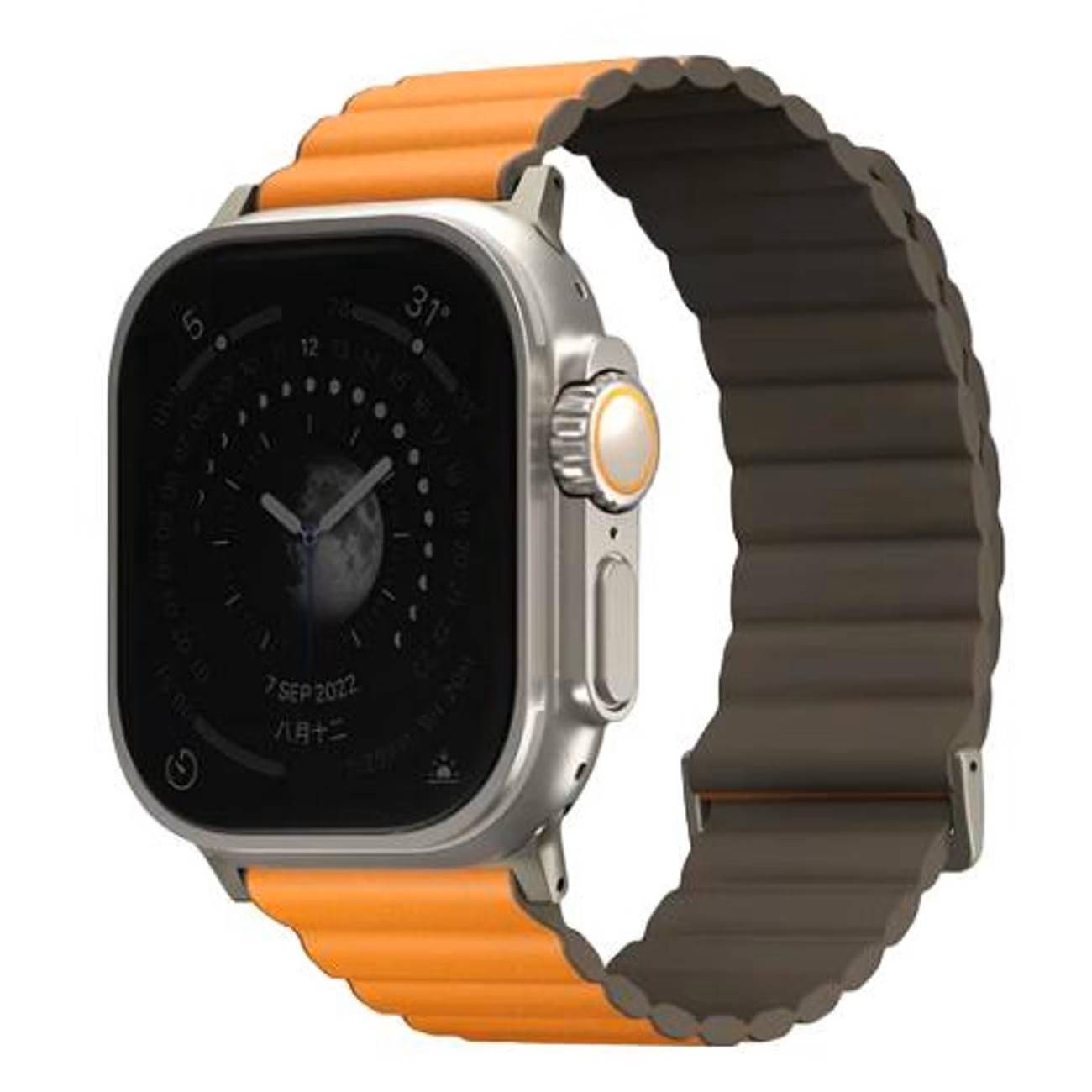 картинка Ремень силиконовый Uniq REVIX Premium для Apple Watch 49/ 45/ 44/ 42MM (SAFFRON ORANGE/ KHAKI (45MM-REVPSORGKAK) от магазина КомпьютерЦентр
