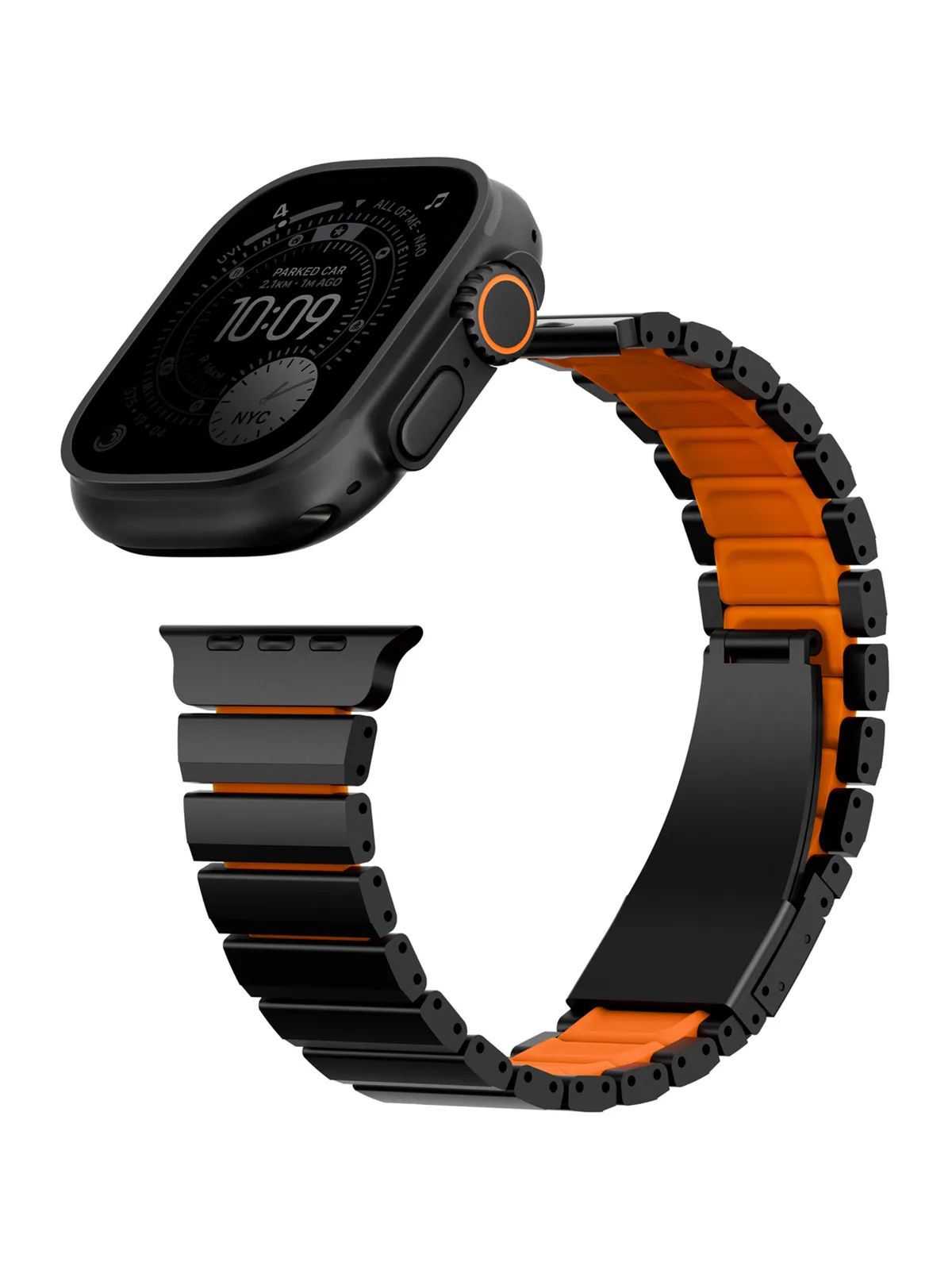 картинка Стальной ремень Uniq STROVA FLEX для Apple Watch 49/ 45/ 44/ 42, цвет черный/ оранжевый (MIDNIGHT BLACK/ VOLT ORANGE) от магазина КомпьютерЦентр