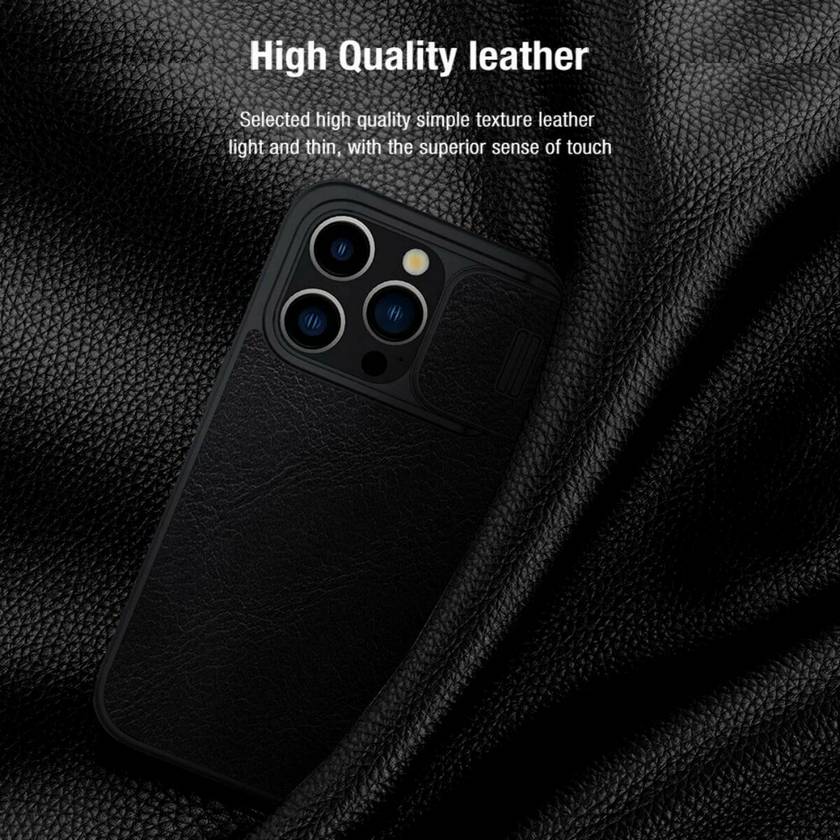 картинка Кожаный чехол-книжка Nillkin Leather Qin Pro c защитой камеры для iPhone 15 Pro (черный) от магазина КомпьютерЦентр