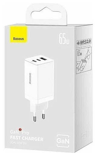 картинка СЗУ Baseus GaN5 Pro Fast Charger 2C+U 65W EU White (With Cable Type-C to Type-C 100W 1m Black) CCGP120202 от магазина КомпьютерЦентр
