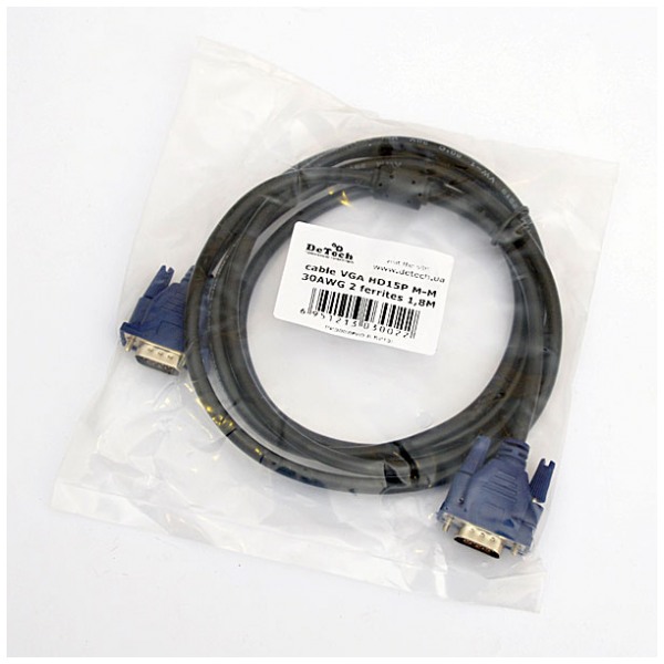 картинка Кабель DeTech VGA HD15PM-M 30AWG 2*feritte 1.8m от магазина КомпьютерЦентр