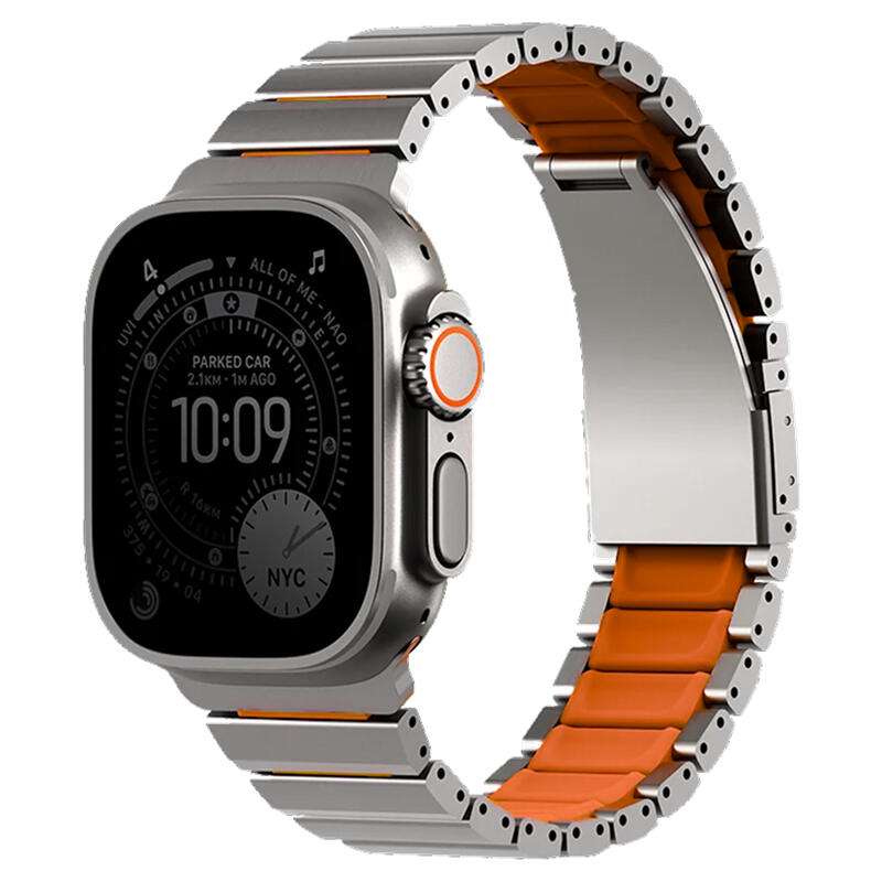картинка Стальной ремень Uniq STROVA FLEX для Apple Watch 49/ 45/ 44/ 42, цвет натуральный титан/ оранжевый (TITANIUM SLIVER/ VOLT ORANGE) от магазина КомпьютерЦентр
