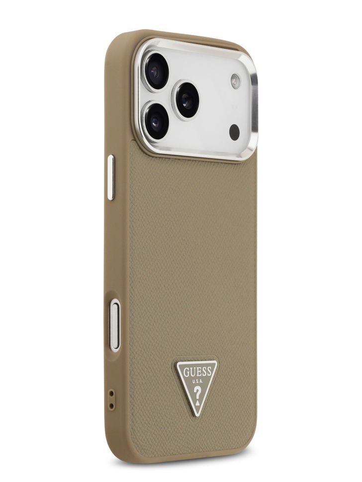 картинка Чехол Guess для iPhone 17 Pro Max PU Grained leather Triangle metal logo & Cam Hard Brown (MagSafe) (GUHMP17XPGTSPSW) от магазина КомпьютерЦентр