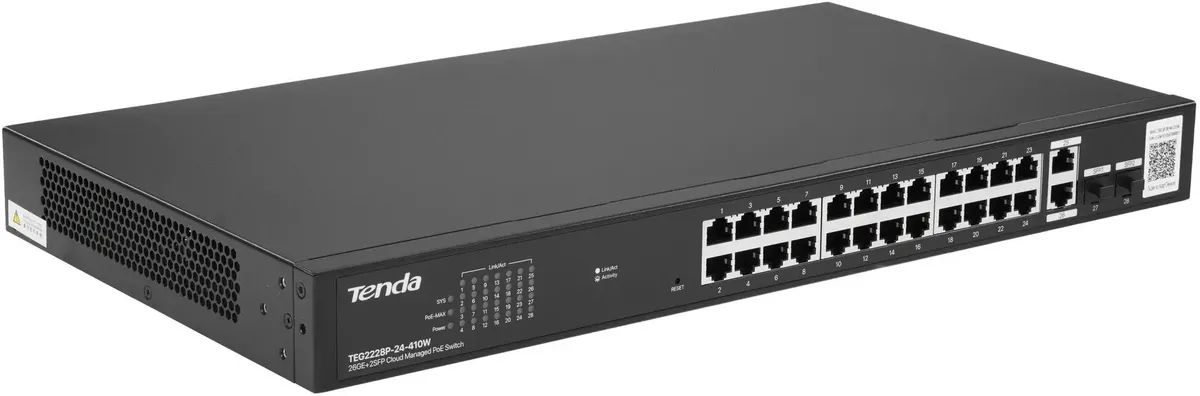картинка Switch PoE с облачным управлением Tenda TEG2228P-24-410W POE, 26x1 Гбит/ с, POE 24x30 Вт (до 370Вт) SPF 2x1 Гбит/ с от магазина КомпьютерЦентр