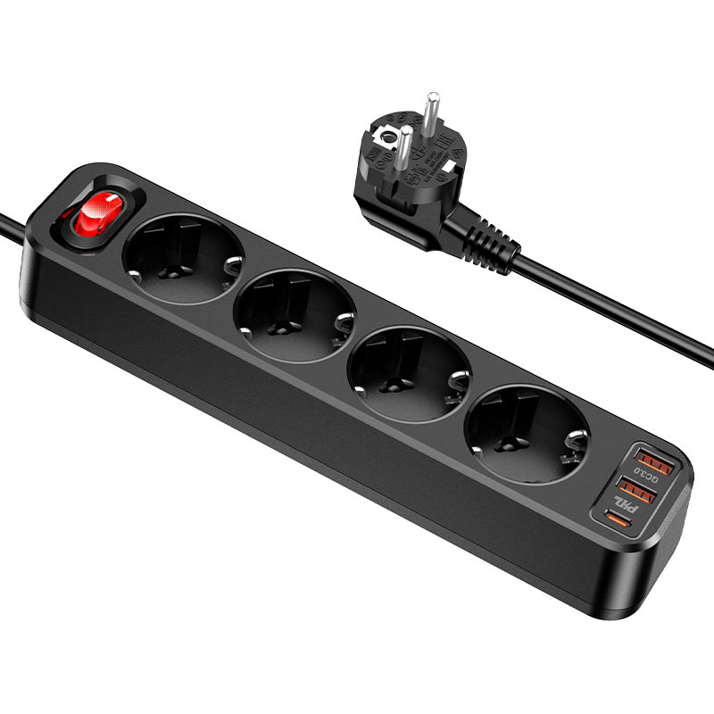 картинка Сетевой фильтр Hoco NS1 Aura 4-bit extension cable socket (including 1C2A PD20W fast charge EU) Black от магазина КомпьютерЦентр