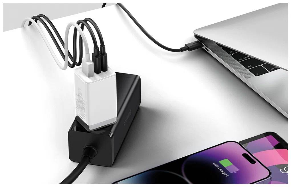 картинка СЗУ Baseus GaN5 Pro Fast Charger 2C+U 65W EU White (With Cable Type-C to Type-C 100W 1m Black) CCGP120202 от магазина КомпьютерЦентр