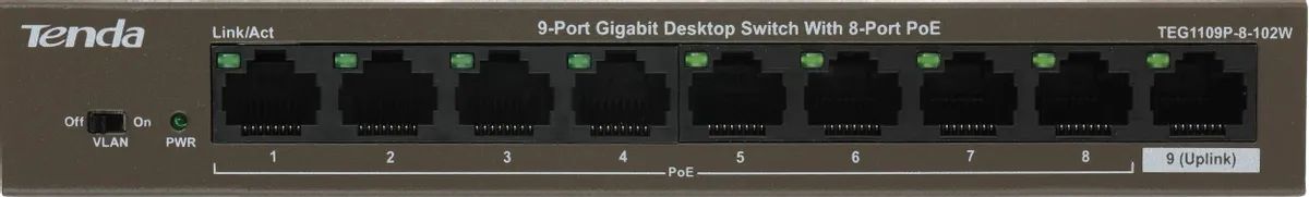 картинка Switch 9-port Tenda TEG1109P-8-102W 9PORT 10/ 100/ 1000M от магазина КомпьютерЦентр