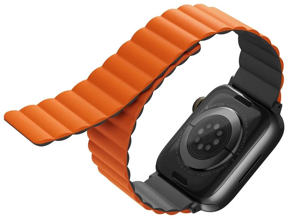 картинка Ремень силиконовый Uniq REVIX для Apple Watch 49/ 45/ 44/ 42, цвет серый/ оранжевый (45MM-REVGRYORG) от магазина КомпьютерЦентр
