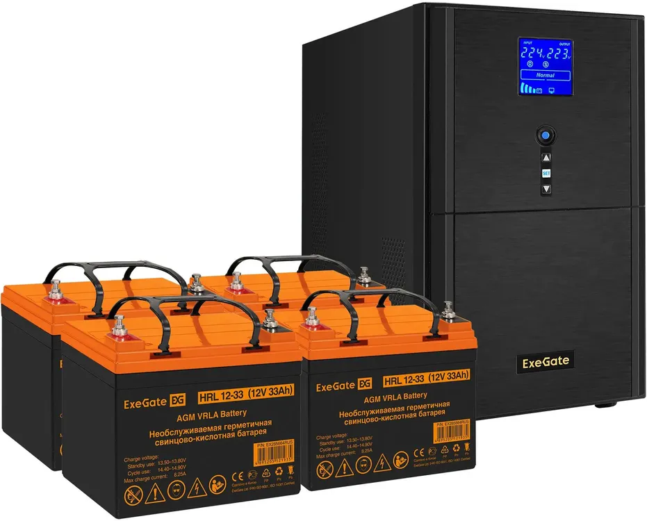 картинка Комплект (EX296884RUS) ИБП Exegate EX295991RUS батарея 33Aч EX285664RUS 4шт (инвертор, синус, для котла) ExeGate SineTower SZ-5000.LCD.AVR.2SH.1C13.T.RJ.USB 5000VA/ 4000W, чистый синусоида, LCD дисплей, AVR, 2*Schuko+1*C13+клеммы, RJ45/ 11, USB от магазина КомпьютерЦентр