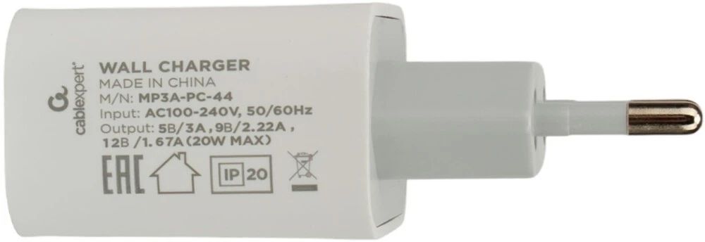 картинка Зарядное устройство Cablexpert 20Вт, 3А, QC3.0/ PD, 1xType-C, белый, пакет (MP3A-PC-44) от магазина КомпьютерЦентр