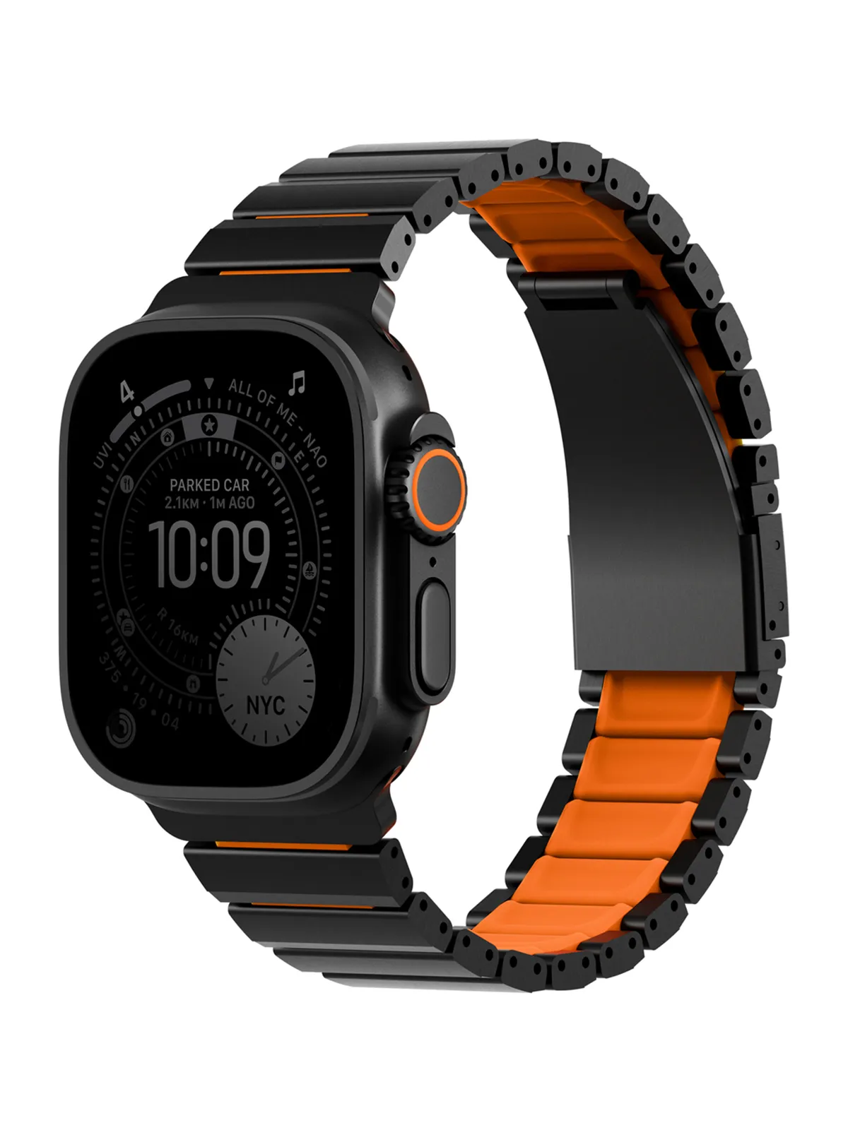 картинка Стальной ремень Uniq STROVA FLEX для Apple Watch 49/ 45/ 44/ 42, цвет черный/ оранжевый (MIDNIGHT BLACK/ VOLT ORANGE) от магазина КомпьютерЦентр