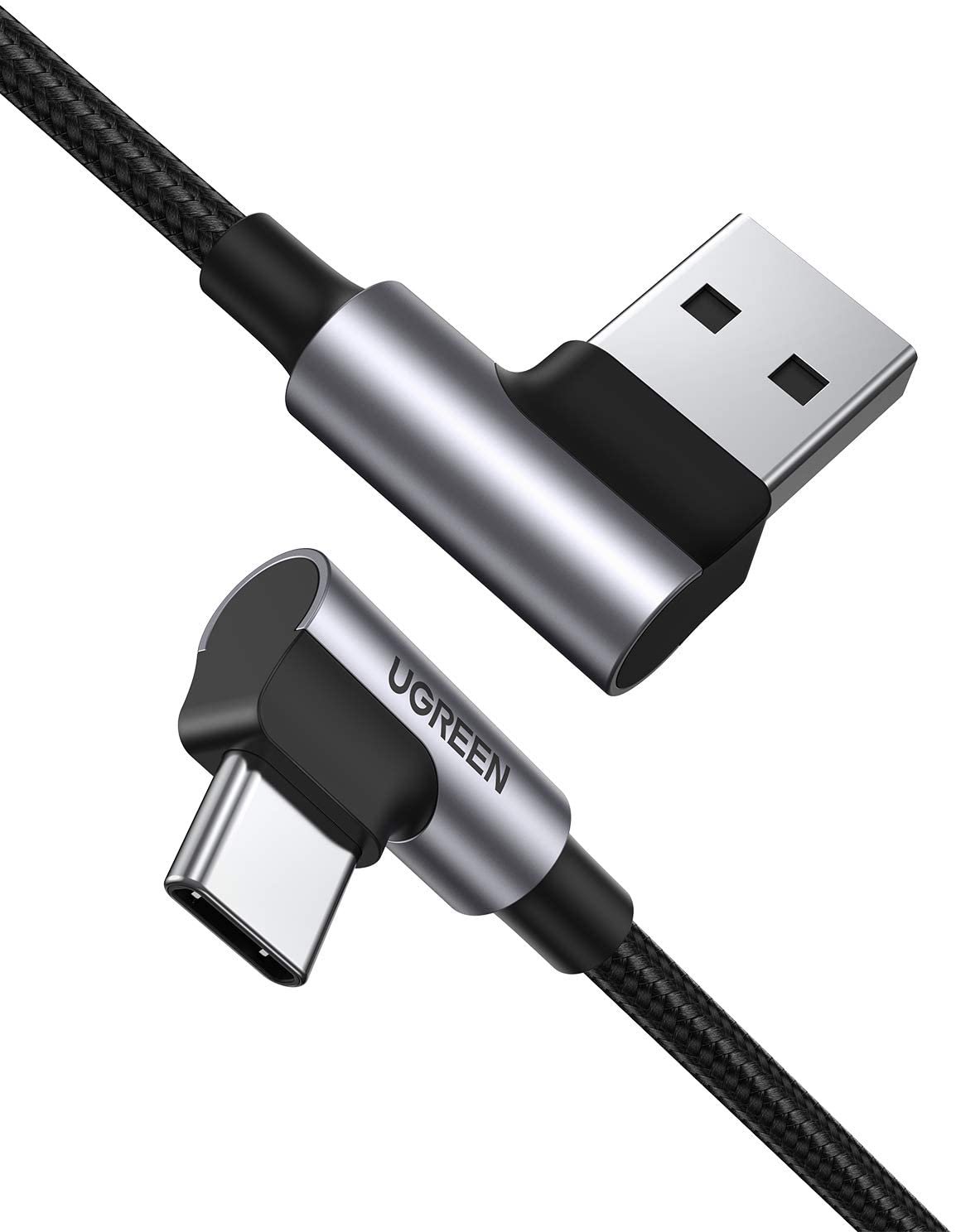 картинка Кабель Type-C 2m угловой USB 2.0 - USB Type-C, оплетка, QC 3.0, UGREEN US176 серый (20857) от магазина КомпьютерЦентр