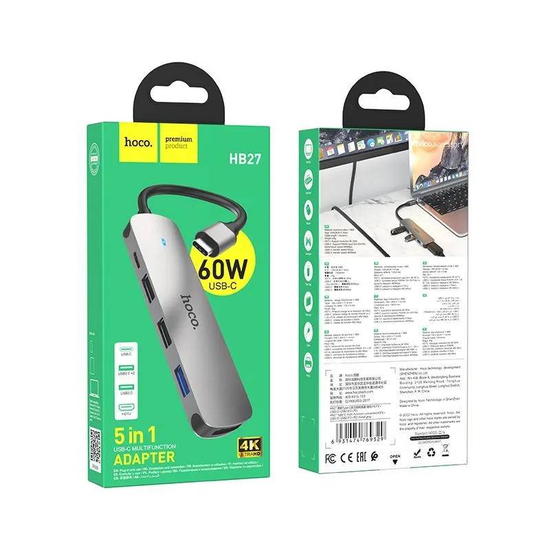 картинка USB HUB Hoco HB27 Type-C multi-function converter (HDTV+USB3.0+USB2.0*2+PD) metal gray от магазина КомпьютерЦентр