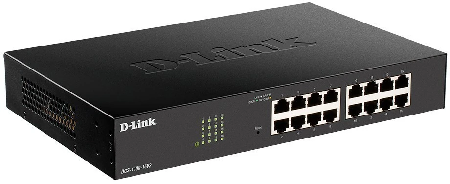 картинка Switch 16-port D-Link DGS-1100-16V2/ A2A Настраиваемый L2 коммутатор c 16 портами 10/ 100/ 1000Base-T от магазина КомпьютерЦентр