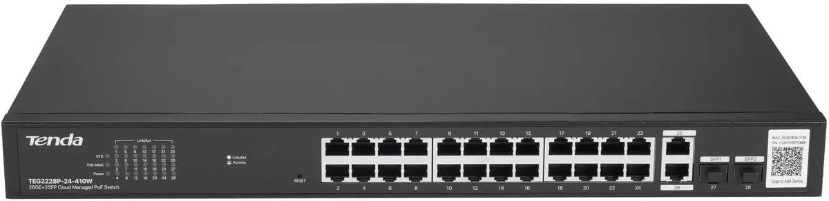 картинка Switch PoE с облачным управлением Tenda TEG2228P-24-410W POE, 26x1 Гбит/ с, POE 24x30 Вт (до 370Вт) SPF 2x1 Гбит/ с от магазина КомпьютерЦентр