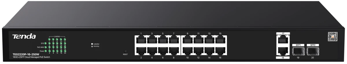 картинка Switch 18-port Tenda PoE TEG2220P-16-250W, 18x1 Гбит/ с, SFP 2x1 Гбит/ с, PoE 16x30Вт управляемый (до 230Вт) от магазина КомпьютерЦентр