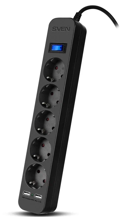 картинка Сетевой фильтр 5 м, Sven, Black SF-05LU 5 евро розеток,2*USB(2,4А) черный Surge protector (SV-018856) от магазина КомпьютерЦентр