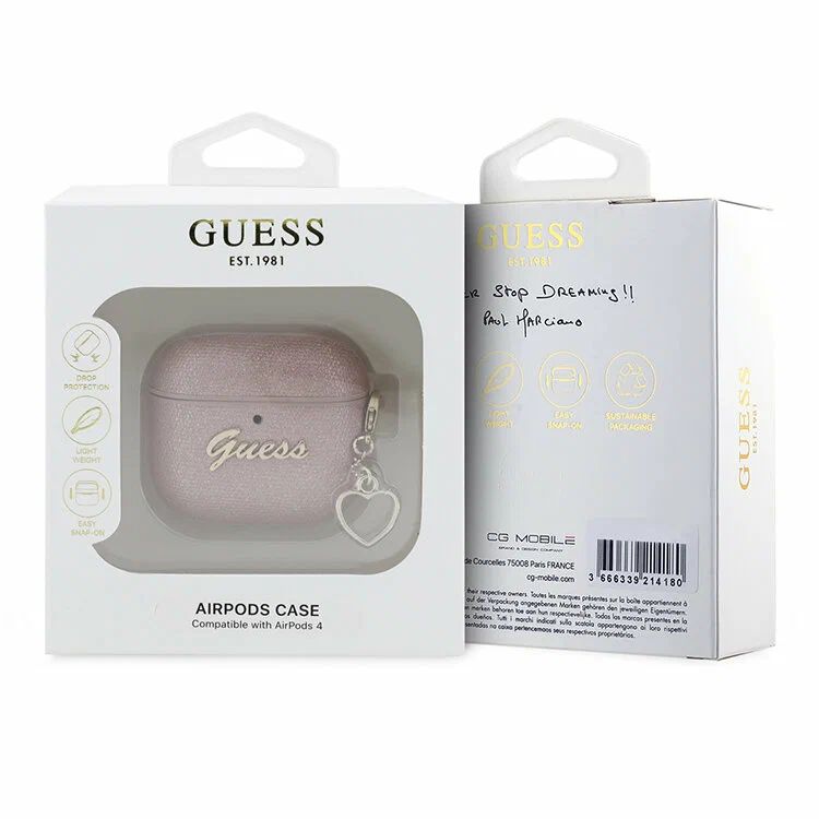 картинка Чехол Guess для Airpods 4 PU leather with Script metal logo and Heart charm Pink от магазина КомпьютерЦентр