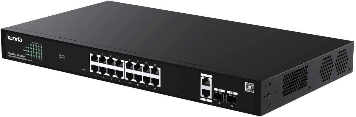 картинка Switch 18-port Tenda PoE TEG2220P-16-250W, 18x1 Гбит/ с, SFP 2x1 Гбит/ с, PoE 16x30Вт управляемый (до 230Вт) от магазина КомпьютерЦентр
